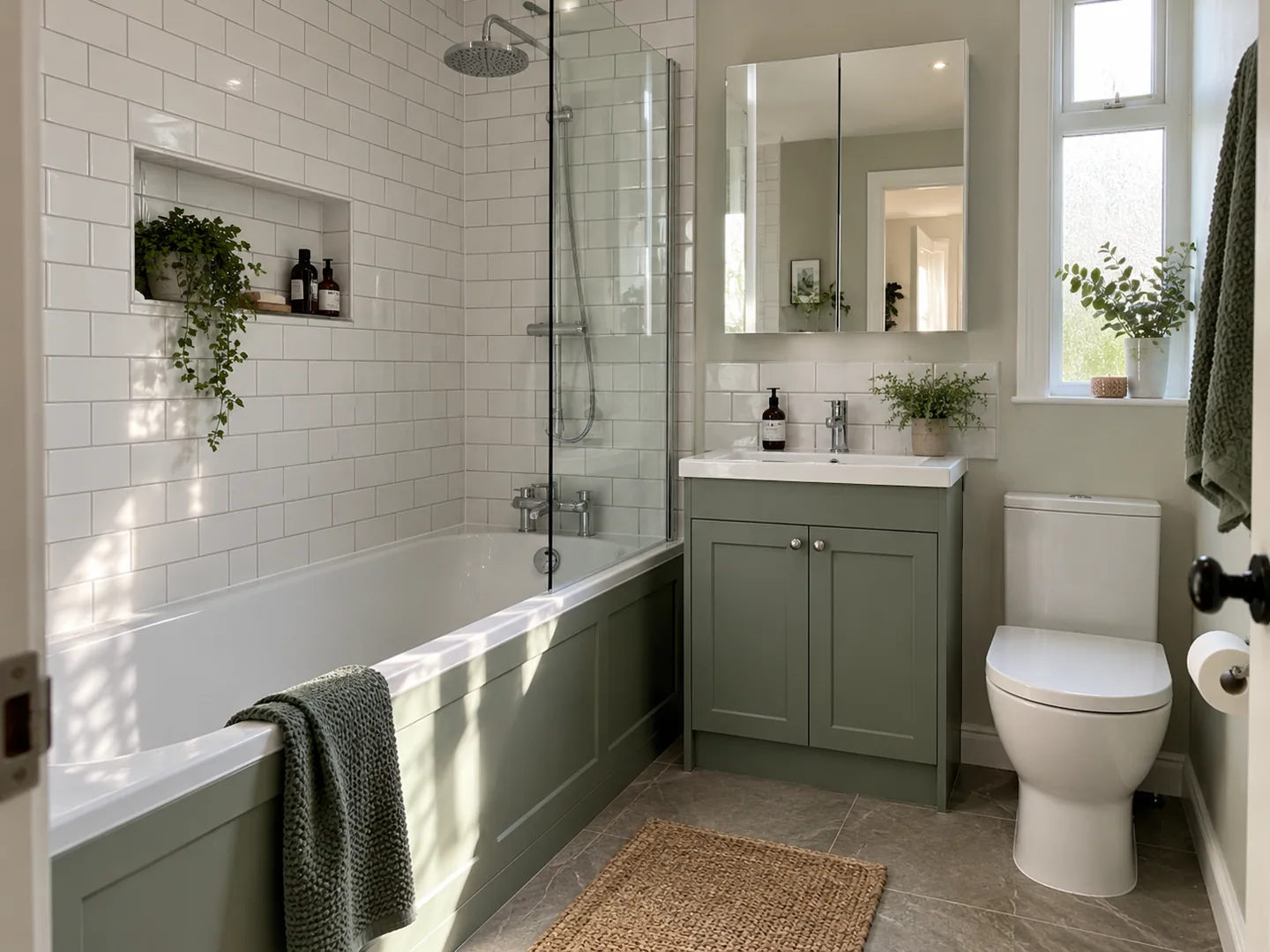Fitted bath with shower screen and green vanity