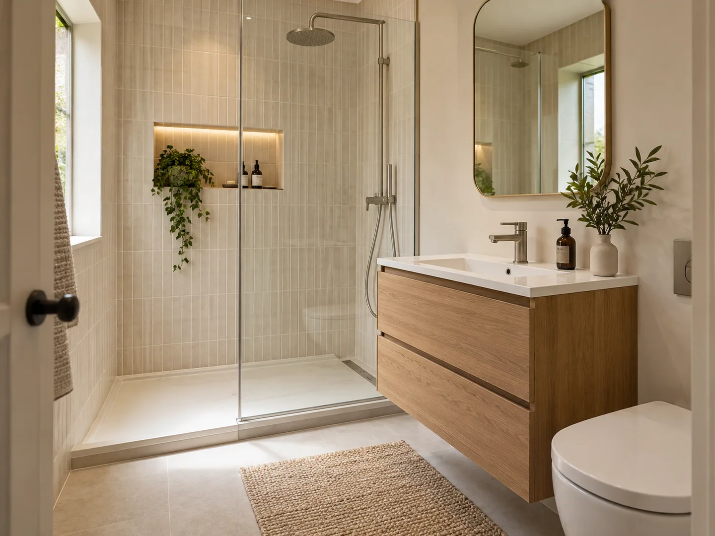 Ivory shower room with an oak vanity