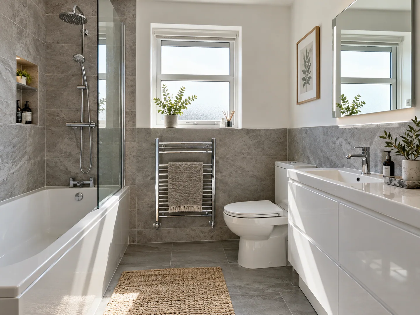 Practical bathroom with a fitted bath and white storage vanity